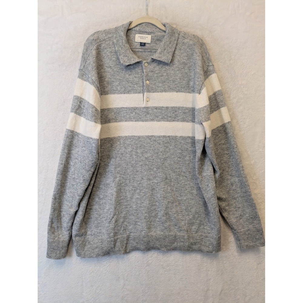 American Eagle Mens Gray White Stripe‎ Long Sleeve Polo Sweater XL